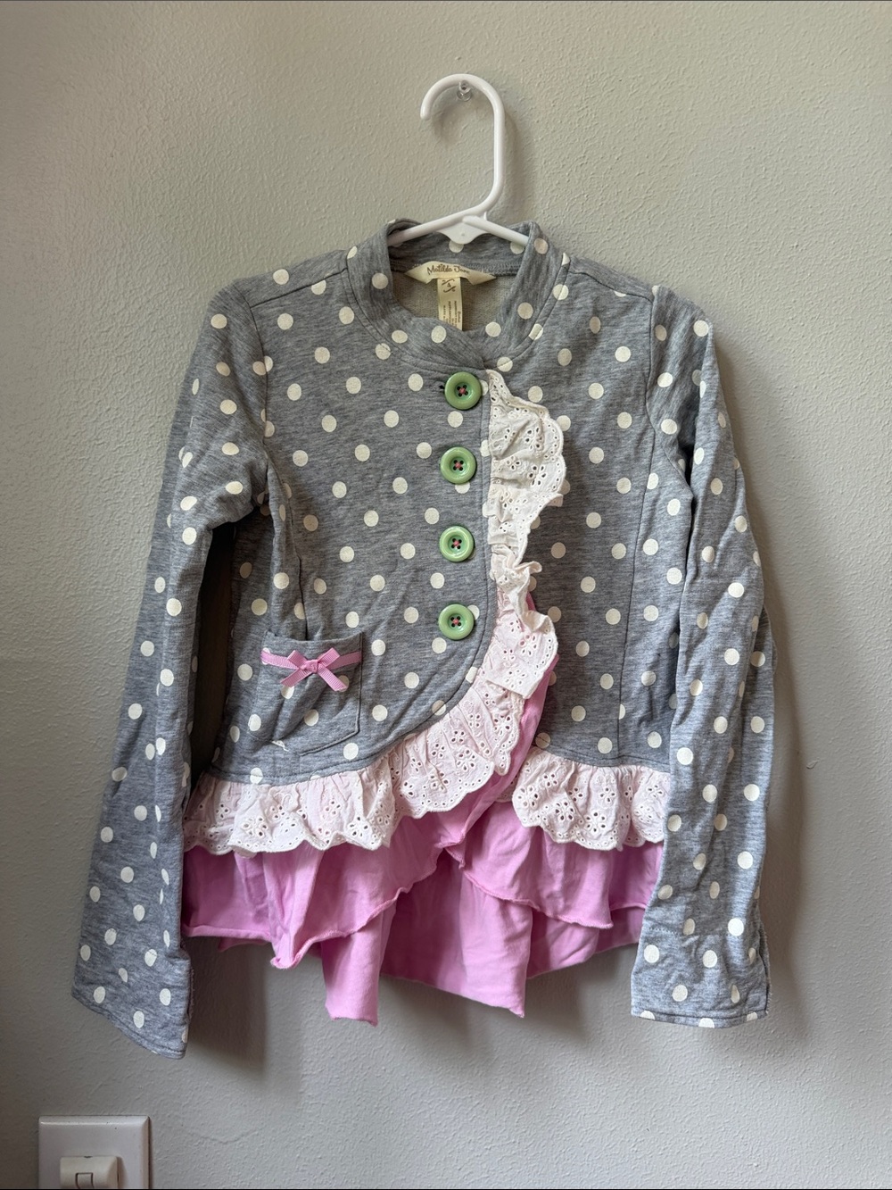 Matilda Jane Gray Polka Dot Ruffle Jacket with Pink Trim